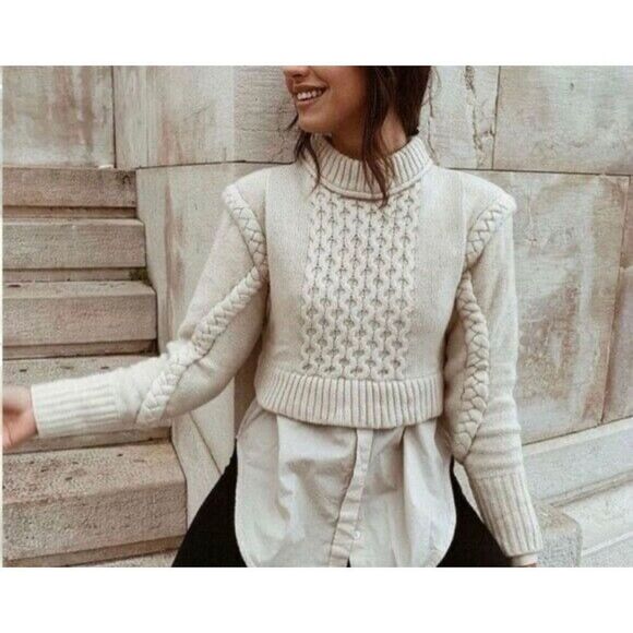 Zara Ecru wool blend shoulder pad crop sweater small - Picture 1 of 12